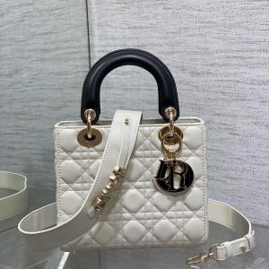 Lady Dior 20cm White Black Gold Chain Lambskin