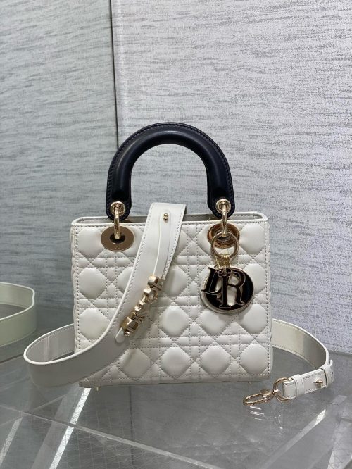 Lady Dior 20cm White Black Gold Chain Lambskin