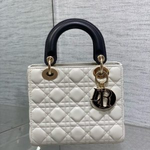 Lady Dior 20cm White Black Gold Chain Lambskin