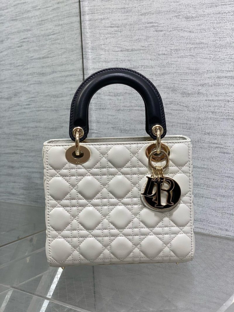 Lady Dior 20cm White Black Gold Chain Lambskin