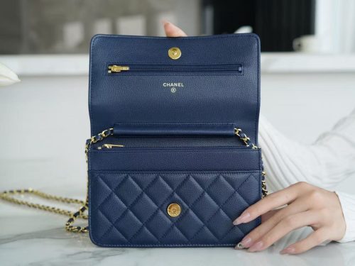 CC Wallet On Chain Woc Navy Blue Caviar leather Gold Hardware