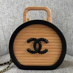Chanel Beech Wood Round Vanity Beige Black Wood Calfskin