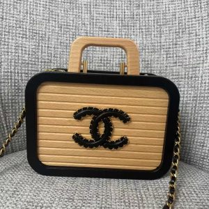Chanel Beech Vanity Case Beige Black Wood Calfskin