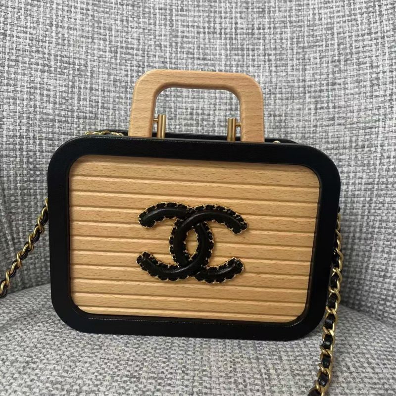 Chanel Beech Vanity Case Beige Black Wood Calfskin