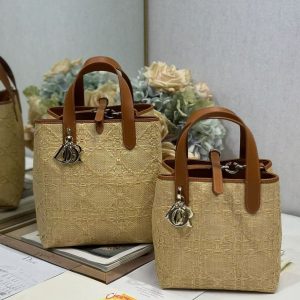 CD Toujours Vertical Tote Bag Brown Coconut Fiber Weaving Paired with Cowhide