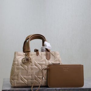 CD Toujours Medium Tote Bag 28cm Brown Coconut Fiber Weaving Paired with Cowhide