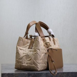 CD Toujours Medium Tote Bag 28cm Brown Coconut Fiber Weaving Paired with Cowhide