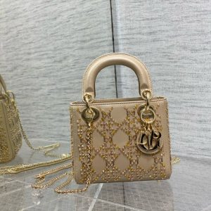 CD Lady Dior 17cm Bag Gold Diamond Silk