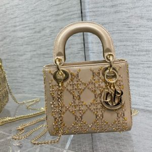 CD Lady Dior 17cm Bag Gold Diamond Silk