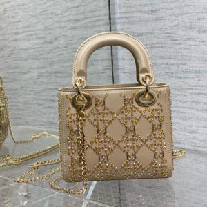 CD Lady Dior 17cm Bag Gold Diamond Silk