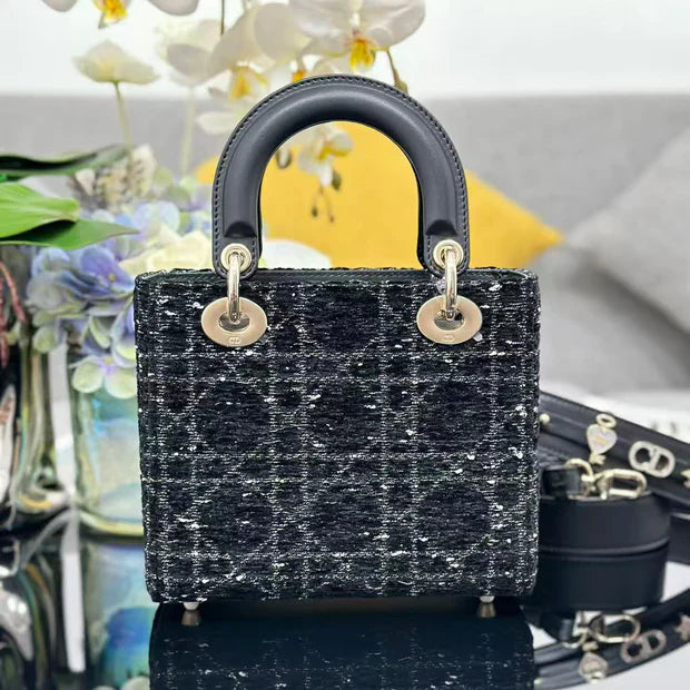 Dior 2026 Lady Dior Bag 20cm Black Gold Tweed Leather
