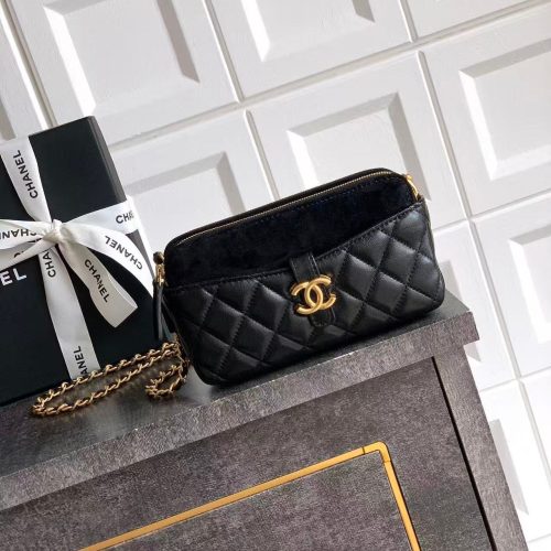 CC 25A Touch Phone Holder Bag 17.5cm with Chain Black Lamskin