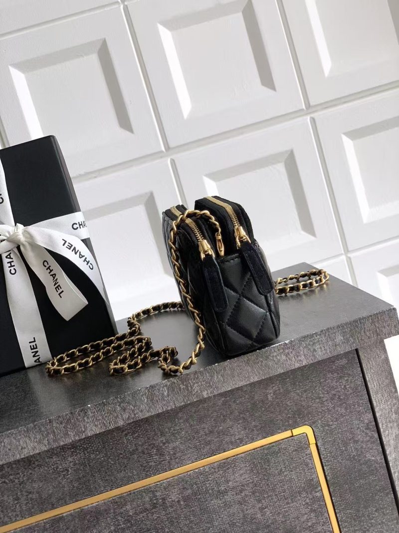 CC 25A Touch Phone Holder Bag 17.5cm with Chain Black Lamskin