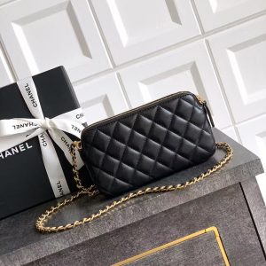 CC 25A Touch Phone Holder Bag 17.5cm with Chain Black Lamskin