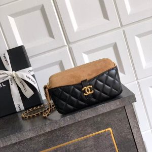 CC 25A Touch Phone Holder Bag 17.5cm with Chain Black Brown Lamskin