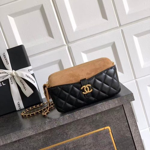 CC 25A Touch Phone Holder Bag 17.5cm with Chain Black Brown Lamskin