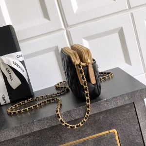 CC 25A Touch Phone Holder Bag 17.5cm with Chain Black Brown Lamskin