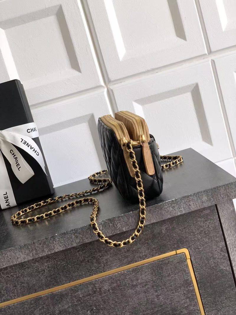 CC 25A Touch Phone Holder Bag 17.5cm with Chain Black Brown Lamskin