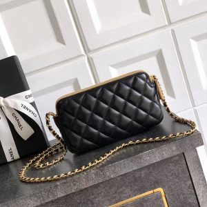 CC 25A Touch Phone Holder Bag 17.5cm with Chain Black Brown Lamskin