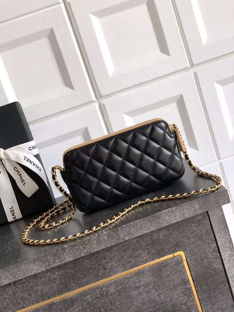 CC 25A Touch Phone Holder Bag 17.5cm with Chain Black Brown Lamskin