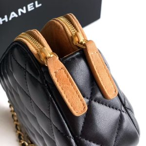 CC 25A Touch Phone Holder Bag 17.5cm with Chain Black Brown Lamskin