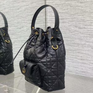 CD Caro Macrocannage Small Bucket Bag Black Lambskin