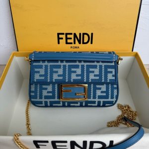 Fendi Baguette 19cm Bag Gold Hardware in Blue Denim Leather with FF Motif Shw