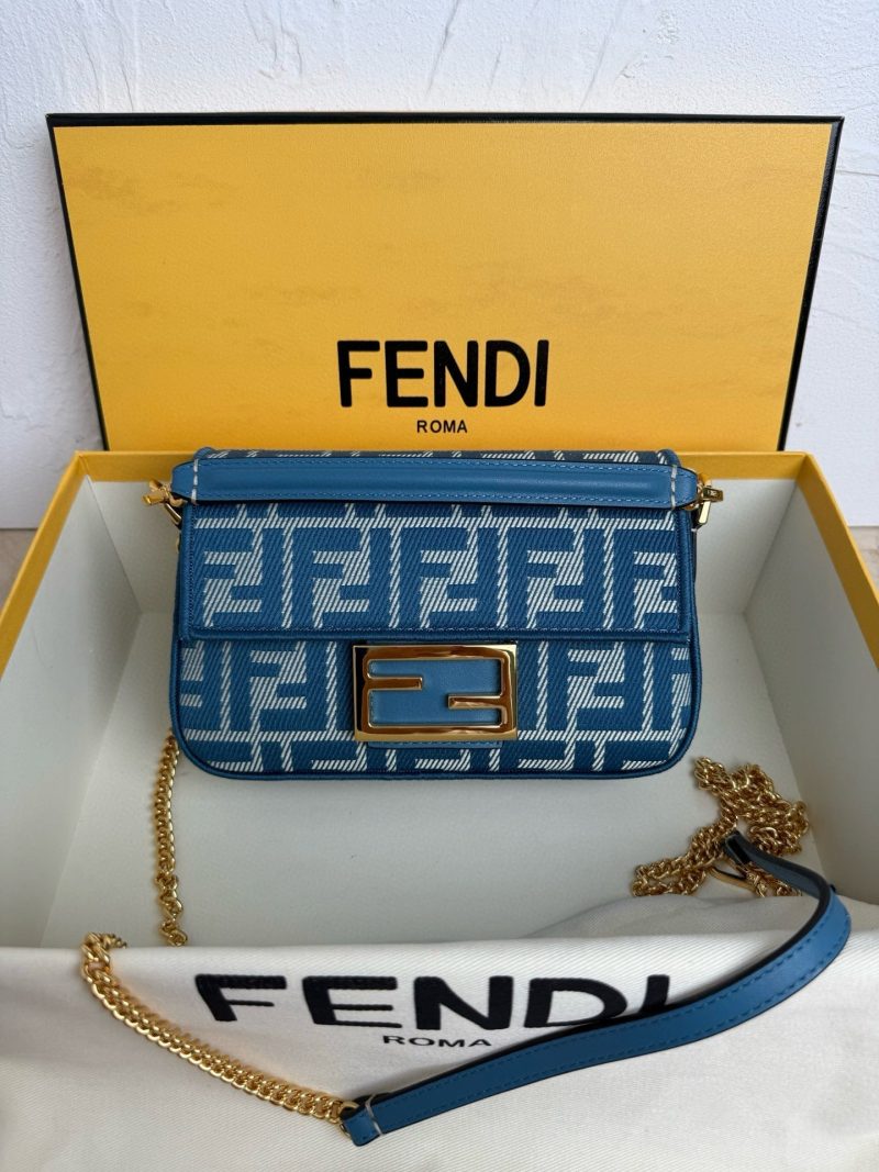Fendi Baguette 19cm Bag Gold Hardware in Blue Denim Leather with FF Motif Shw