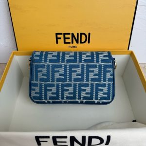 Fendi Baguette 19cm Bag Gold Hardware in Blue Denim Leather with FF Motif Shw