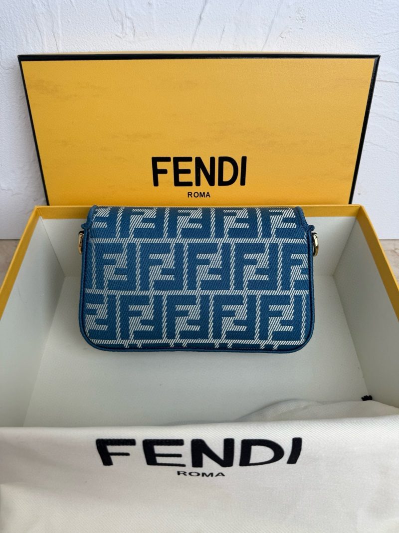 Fendi Baguette 19cm Bag Gold Hardware in Blue Denim Leather with FF Motif Shw