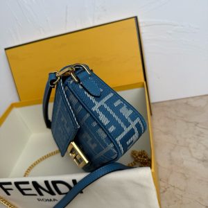 Fendi Baguette 19cm Bag Gold Hardware in Blue Denim Leather with FF Motif Shw