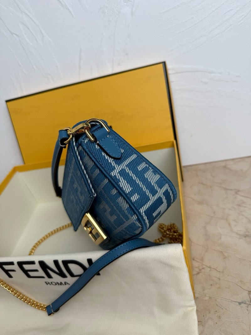 Fendi Baguette 19cm Bag Gold Hardware in Blue Denim Leather with FF Motif Shw