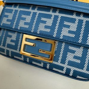 Fendi Baguette 19cm Bag Gold Hardware in Blue Denim Leather with FF Motif Shw