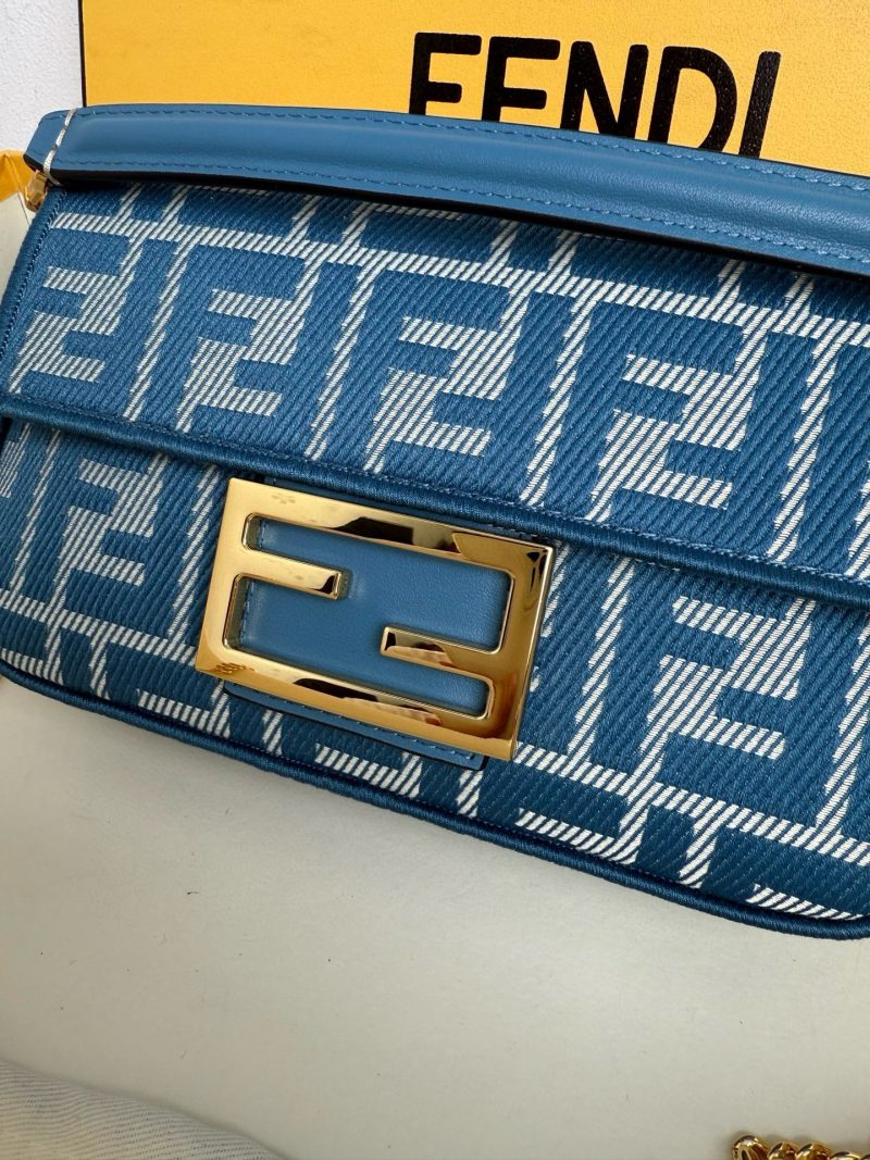Fendi Baguette 19cm Bag Gold Hardware in Blue Denim Leather with FF Motif Shw