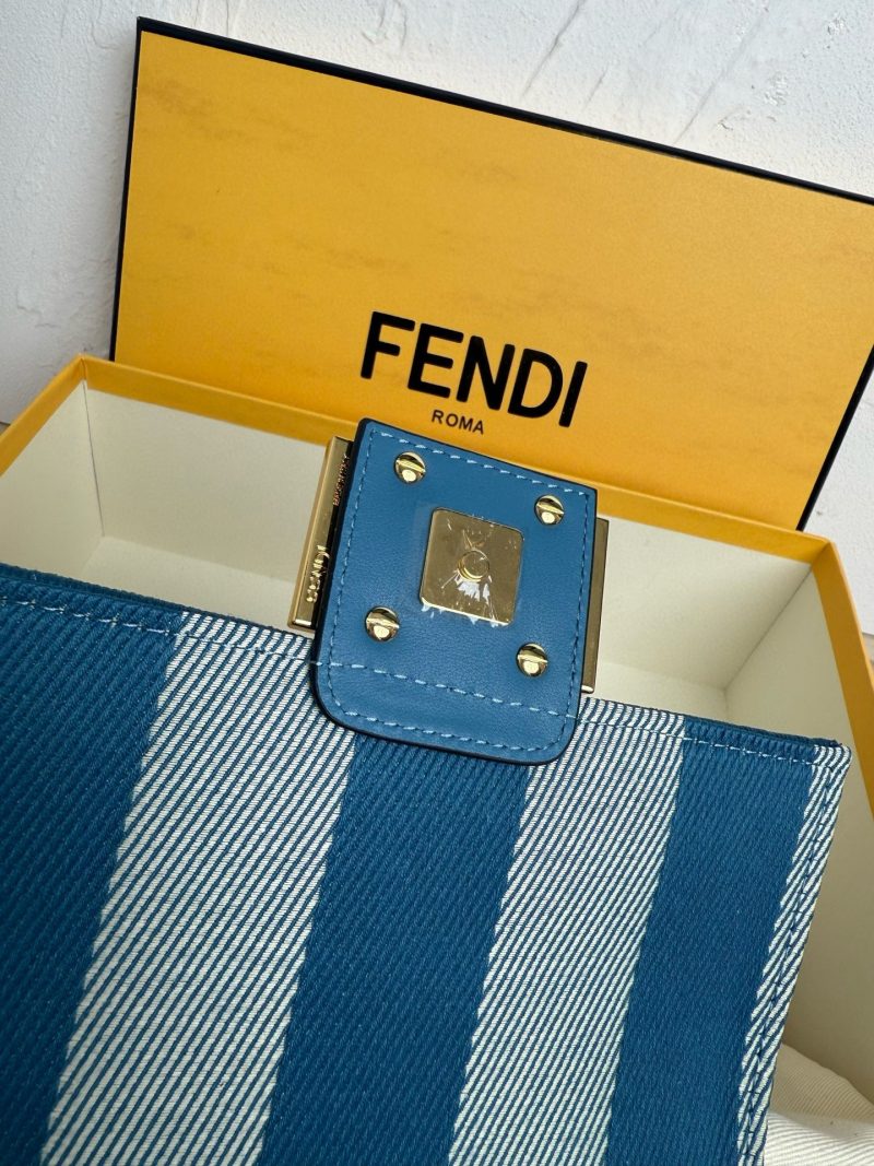 Fendi Baguette 19cm Bag Gold Hardware in Blue Denim Leather with FF Motif Shw