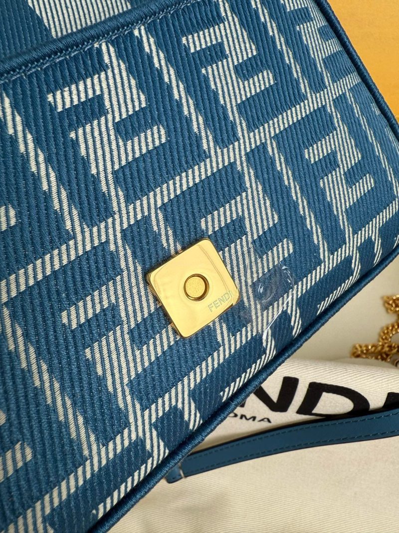 Fendi Baguette 19cm Bag Gold Hardware in Blue Denim Leather with FF Motif Shw