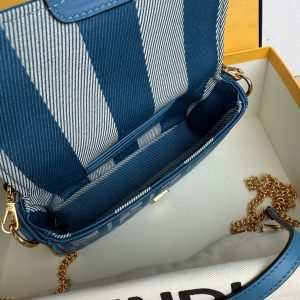 Fendi Baguette 19cm Bag Gold Hardware in Blue Denim Leather with FF Motif Shw