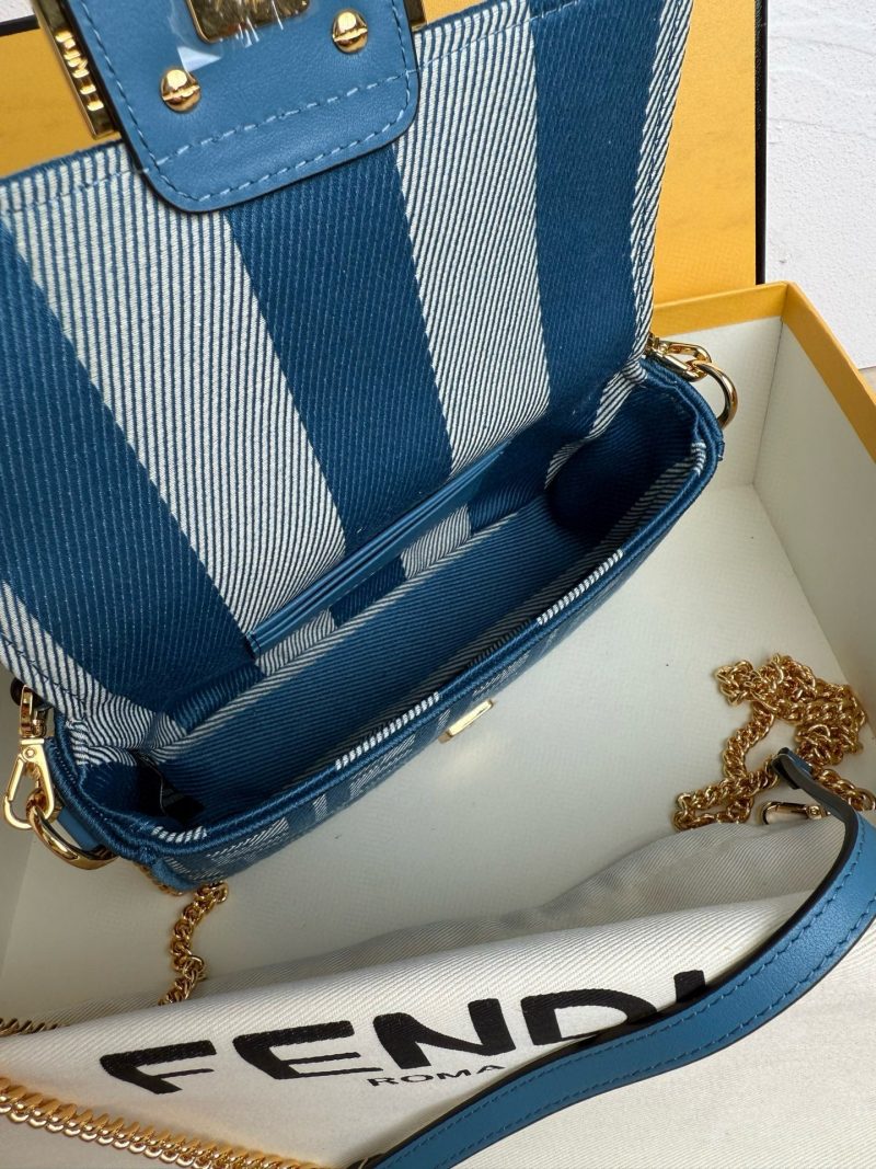 Fendi Baguette 19cm Bag Gold Hardware in Blue Denim Leather with FF Motif Shw