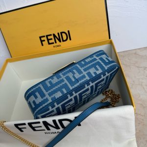 Fendi Baguette 19cm Bag Gold Hardware in Blue Denim Leather with FF Motif Shw