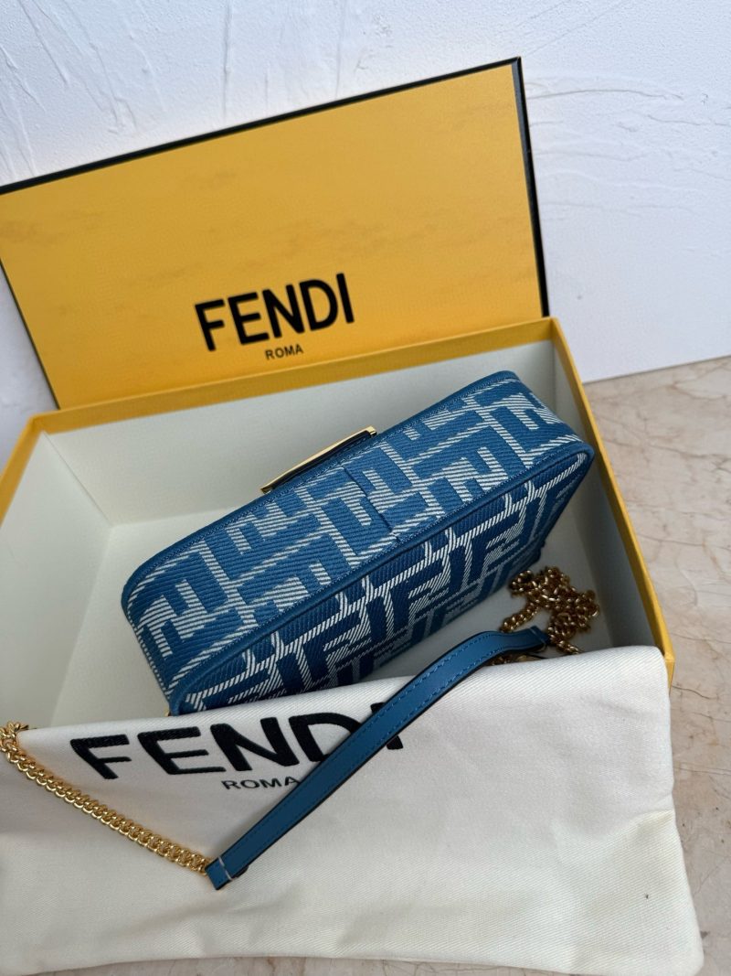 Fendi Baguette 19cm Bag Gold Hardware in Blue Denim Leather with FF Motif Shw