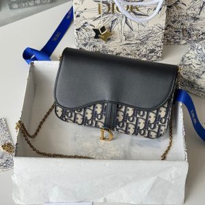 CD S5907CNKO Medium Saddle Pouch with Chain 21.5cm Blue Jacquard Cowhide GHW