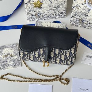 CD S5907CNKO Medium Saddle Pouch with Chain 21.5cm Blue Jacquard Cowhide GHW