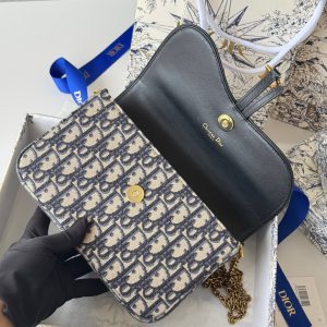 CD S5907CNKO Medium Saddle Pouch with Chain 21.5cm Blue Jacquard Cowhide GHW