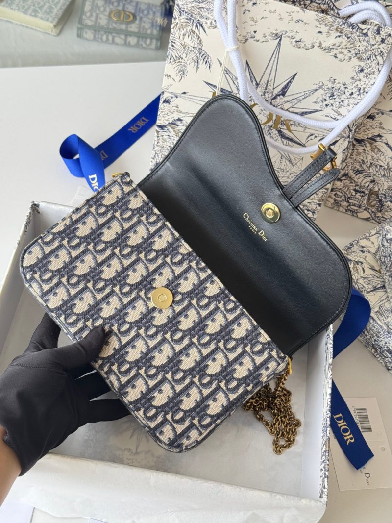 CD S5907CNKO Medium Saddle Pouch with Chain 21.5cm Blue Jacquard Cowhide GHW