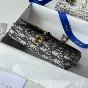 CD S5907CNKO Medium Saddle Pouch with Chain 21.5cm Blue Jacquard Cowhide GHW