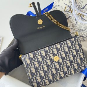 CD S5907CNKO Medium Saddle Pouch with Chain 21.5cm Blue Jacquard Cowhide GHW