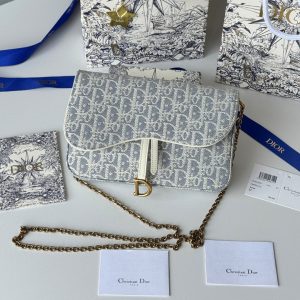 CD Medium Saddle Pouch with Chain 21.5cm White Grey Jacquard Cowhide GHW