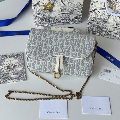 CD Medium Saddle Pouch with Chain 21.5cm White Grey Jacquard Cowhide GHW