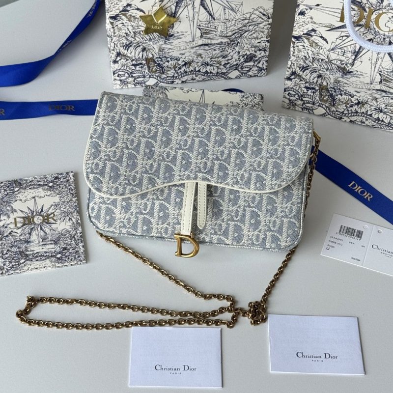 CD Medium Saddle Pouch with Chain 21.5cm White Grey Jacquard Cowhide GHW