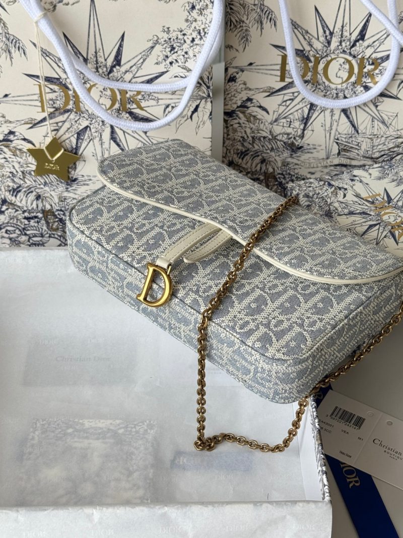 CD Medium Saddle Pouch with Chain 21.5cm White Grey Jacquard Cowhide GHW